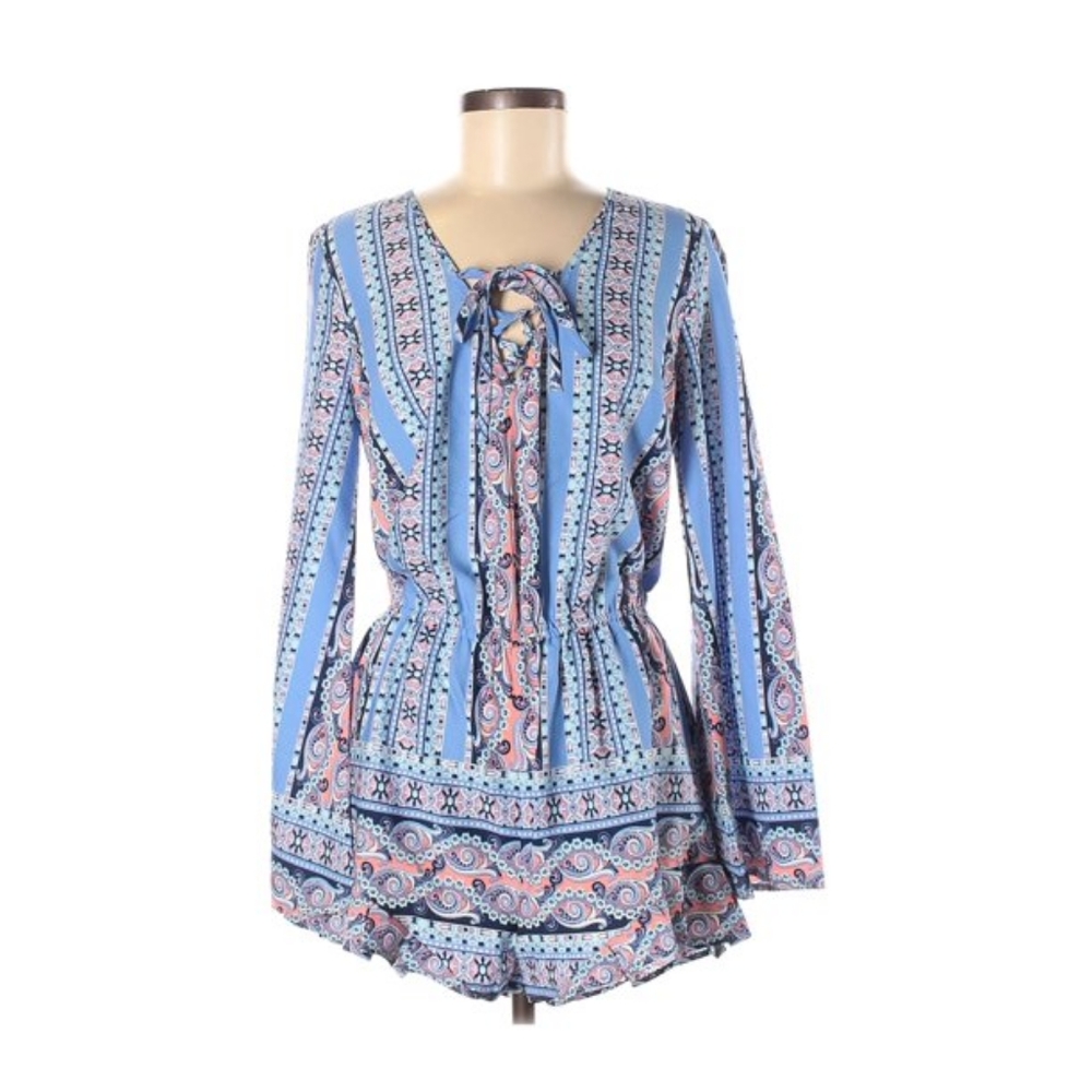 Red Camel BoHo Bell-Sleeved Blue Romper